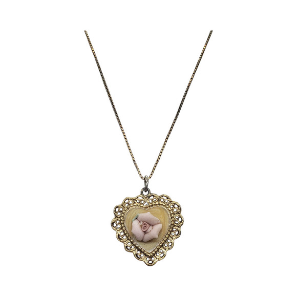 Vintage Heart Necklace Pink Porcelain Rose Gold Plated Filigree Artisan Handmade - Picture 12 of 12